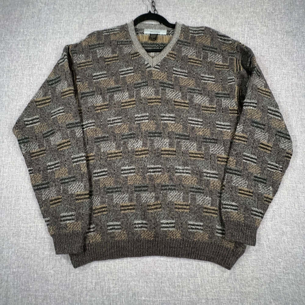 Cellinni V-Neck Sweater Mens L Wool Alpaca Blend Made in Italy Geometric Grandpa